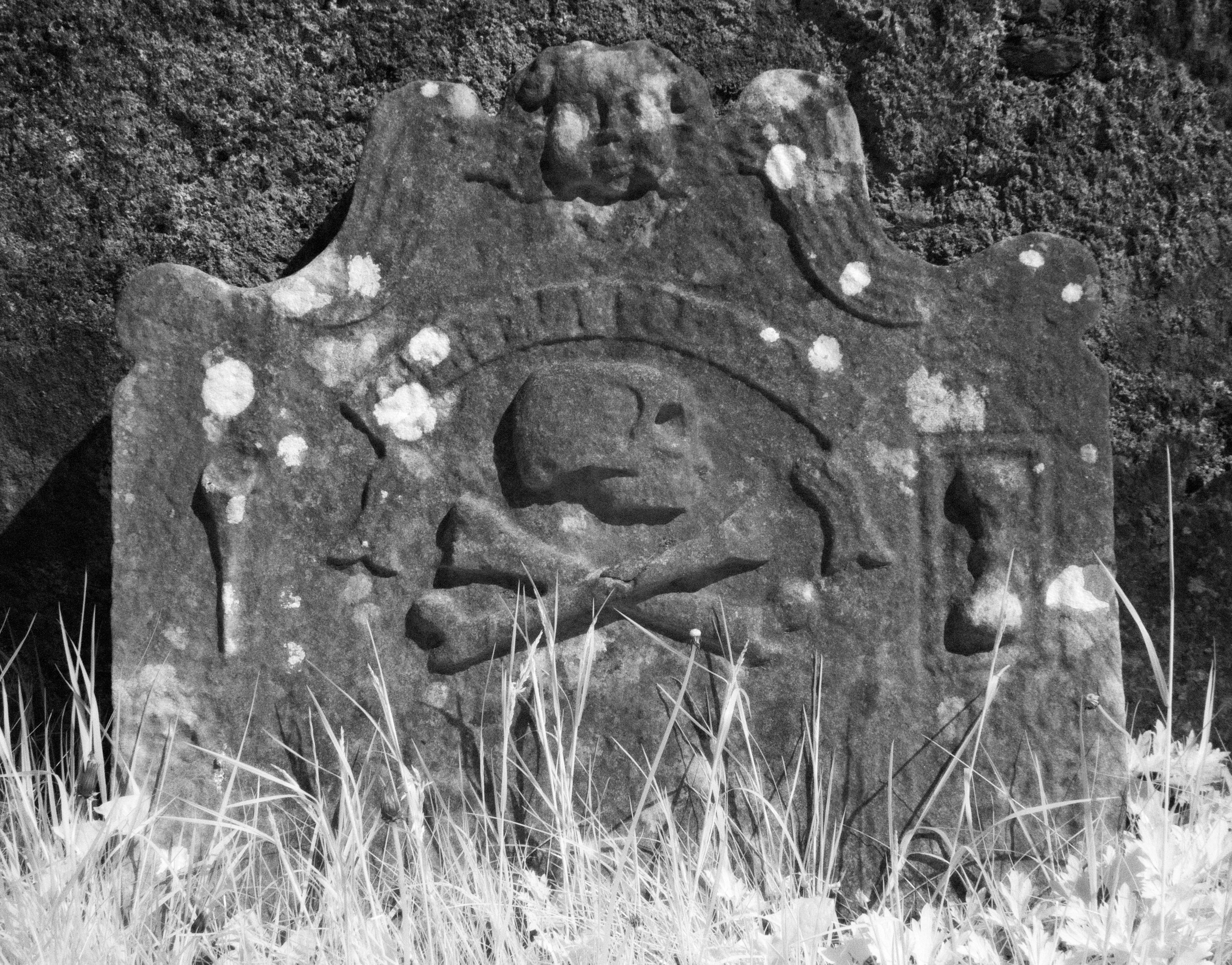 Old gravestone with skull and crossbones and an angel's head
